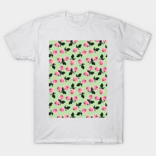 Scattered pink vintage roses on green T-Shirt